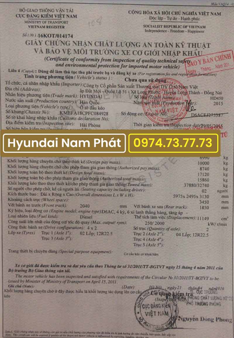 Xe Đầu Kéo Hyundai Một Cầu HD450 Nhập Khẩu
